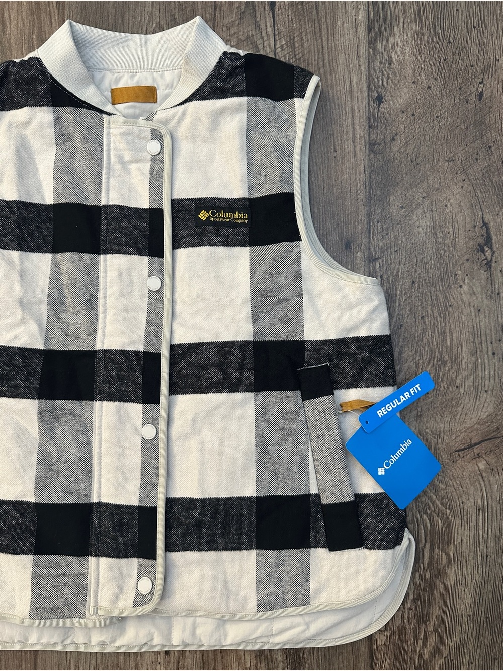 Columbia Reversible Lightweight Logo Vest Women’s Size M Plaid Black Off White